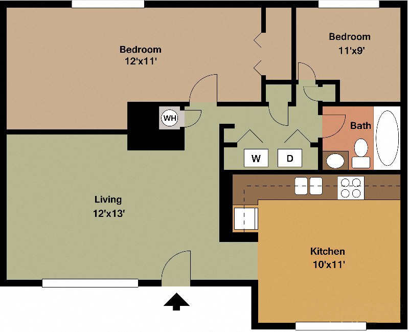 Floor plan for 2 beds, 1 bath, 780 sqft